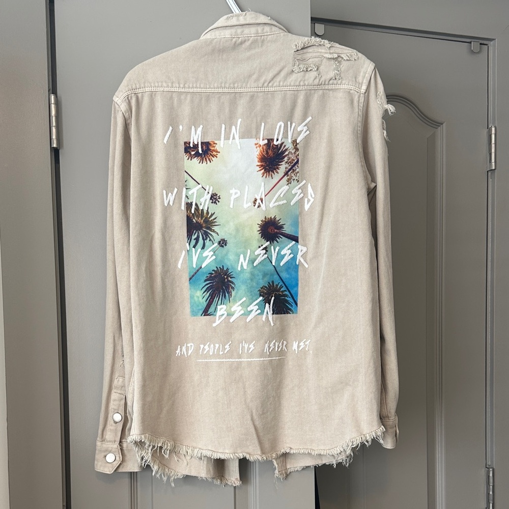 Women's Beige Jean Jacket with Graphic Print